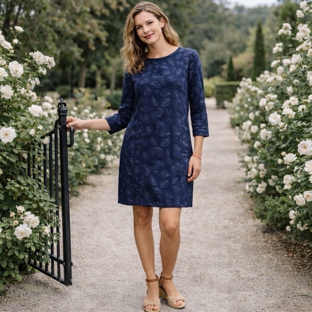 BODEN Navy Sweatshirt Shift Dress‎ US 4R Silver Metallic Leaf 3/4 Sleeve J0726